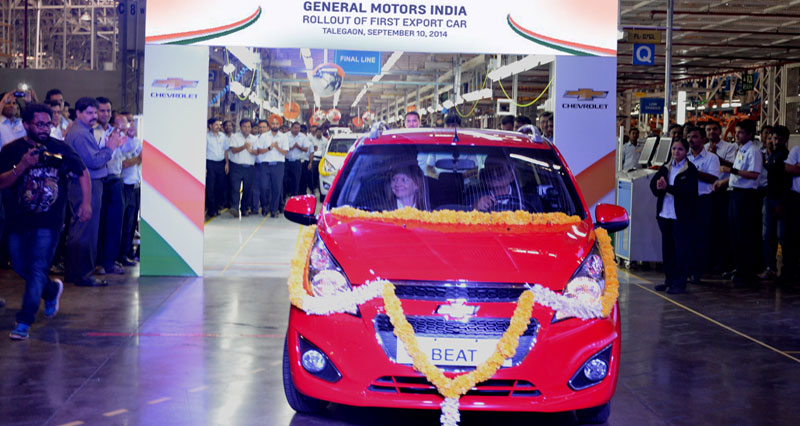 General Motors CEO Mary Barra and GM India Managing Director Arvind Saxena roll out the first Chevrolet Beat for export from the GM Talegaon manufacturing facility, in the western Indian state of Maharashtra. The exported Beat will be available to customers in Chile early next year.