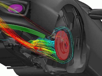 A computer aided engineering simulation of cooling airflow to a brake system.