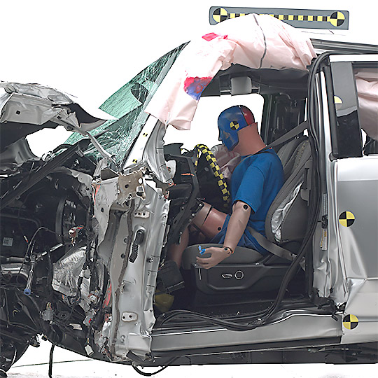 In the extended cab test, there was significant intrusion. The steering wheel is close to the dummy's chest, and the dummy’s legs are jammed against the instrument panel