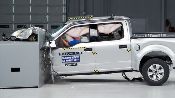 The crew cab's occupant compartment resisted intrusion in the small overlap front test. The safety cage is largely intact